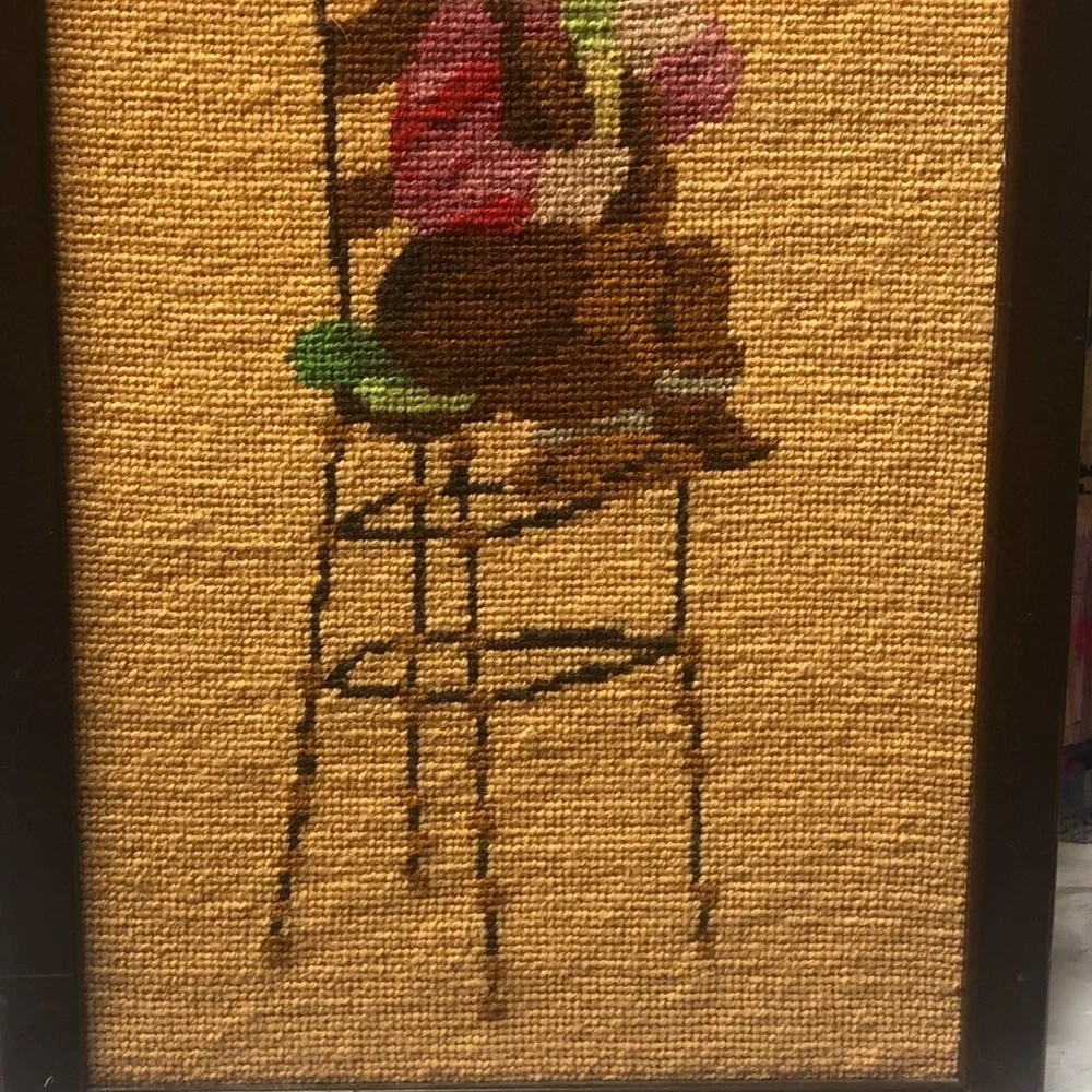 VINTAGE HANDMADE NEEDLEPOINT BLONDE BOY SITTING IN CHAIR